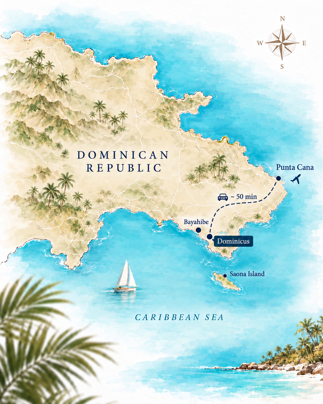 Watercolor illustration of the Dominican Republic showing Dominicus, Bayahíbe, Punta Cana and Saona Island